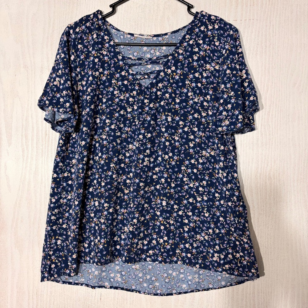 Unbranded Floral Blouse Womens L Navy Blue Lattice Neck Boho Top